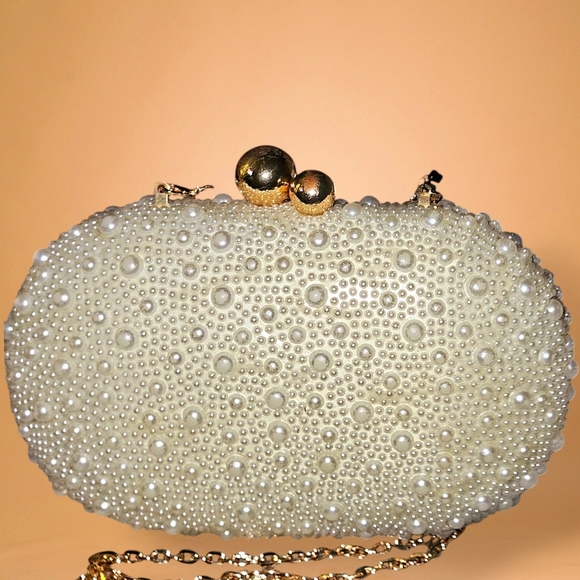 INC Satin Embellished Pearl Clutch/Crossbody